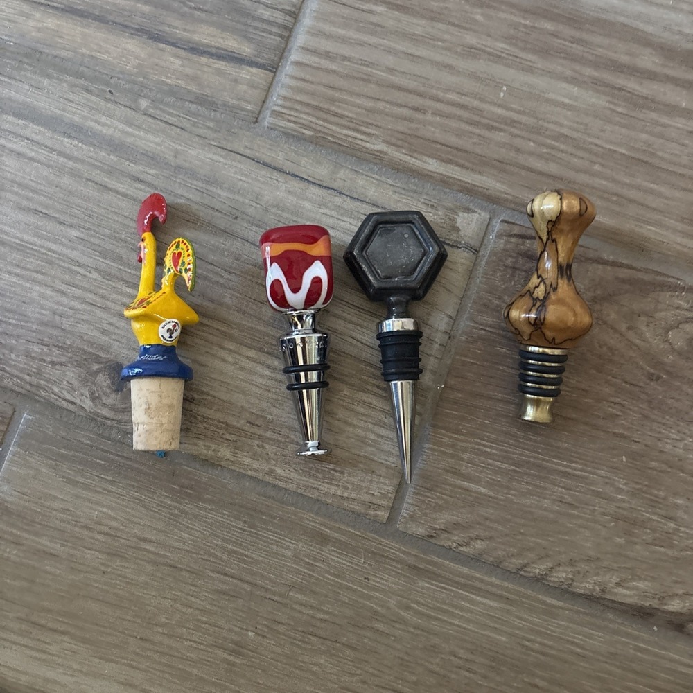 Wine/Liquor Lot of 4 Stoppers Metal Wooden Handblown Glass Ceramic Chicken